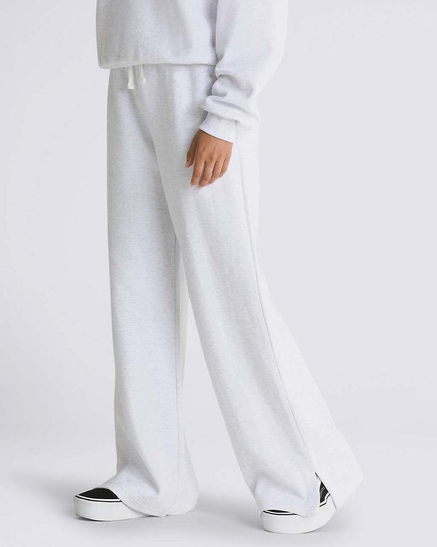 side view of model wearing white double knit sweatpants