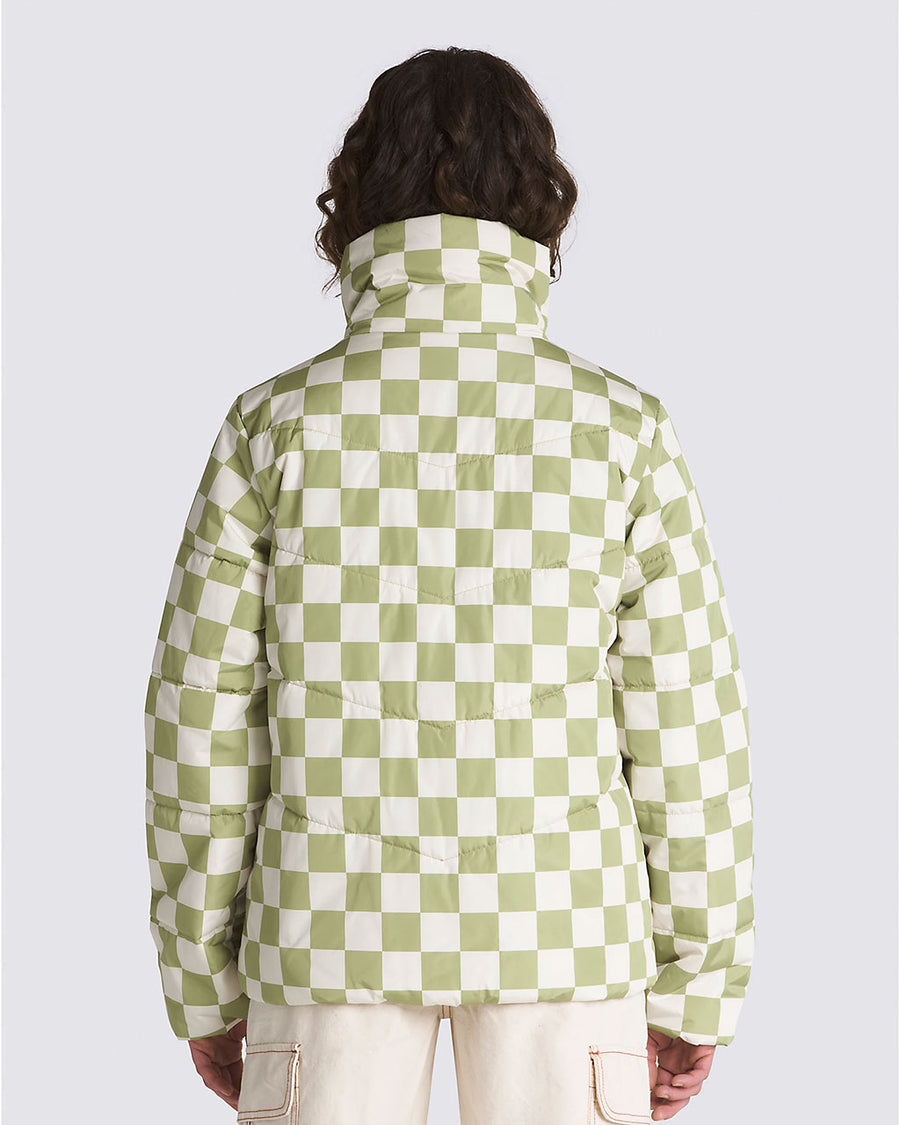 back view of model wearing white and green checkered puffer jacket