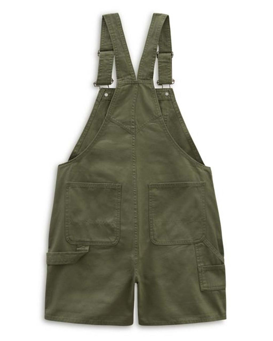 back view of green shortall with front pocket and vans patch