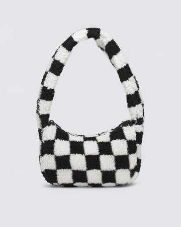 black and white checkered fuzzy shoulder bag