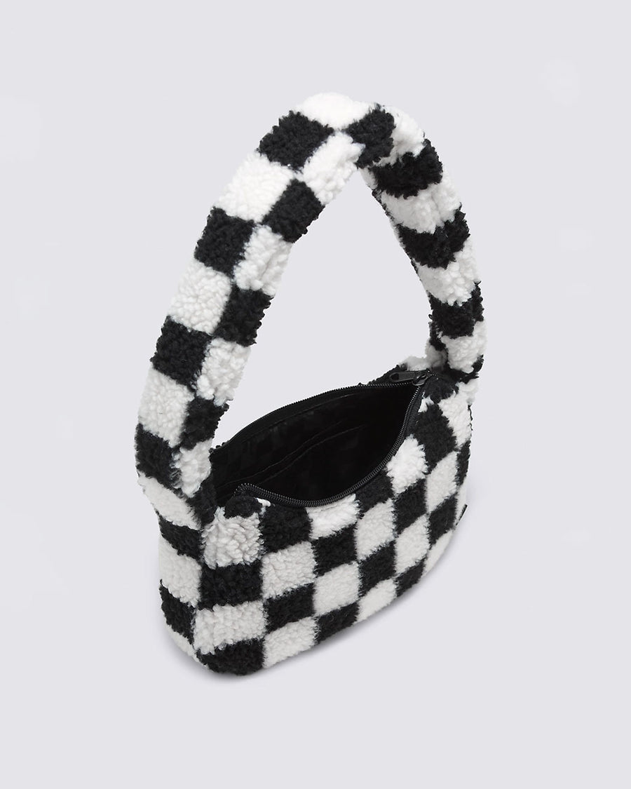 inside of black and white checkered fuzzy shoulder bag