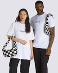 models wearing black and white checkered fuzzy shoulder bag