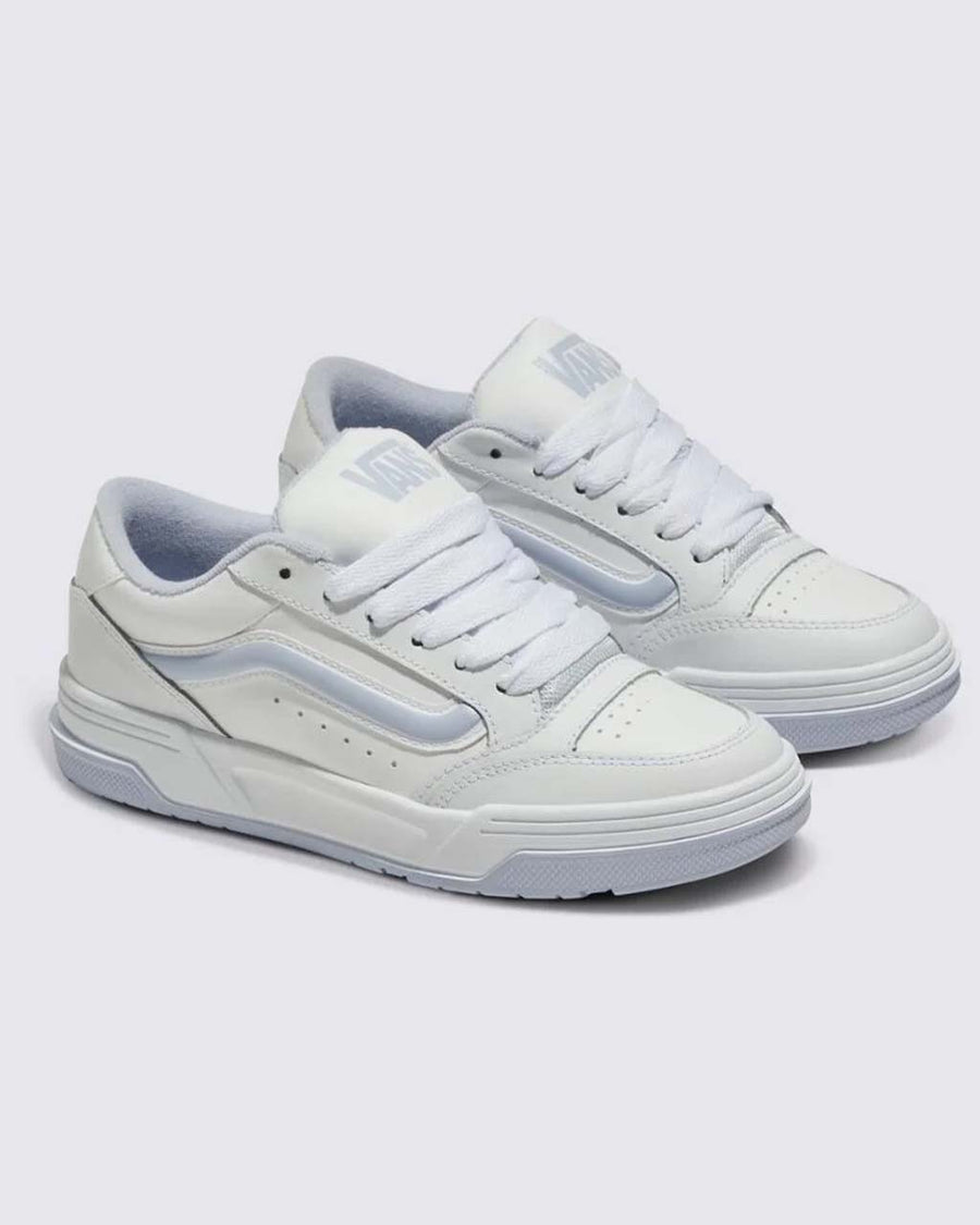 white y2k vans skate sneakers with brown sole and pop of baby blue trim