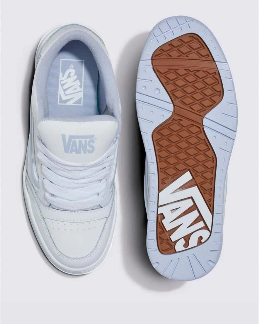 top and bottom view of white y2k vans skate sneakers with brown sole and pop of baby blue trim