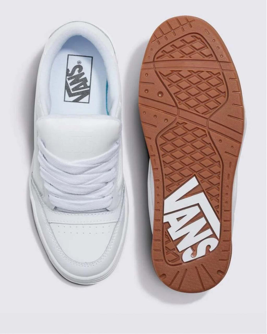 top and bottom view of white y2k vans skate sneakers with brown sole