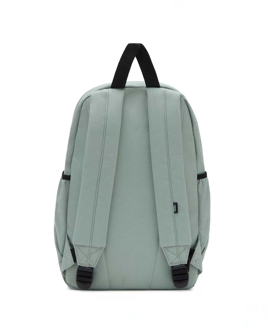 back view of seafoam green backpack with black trim