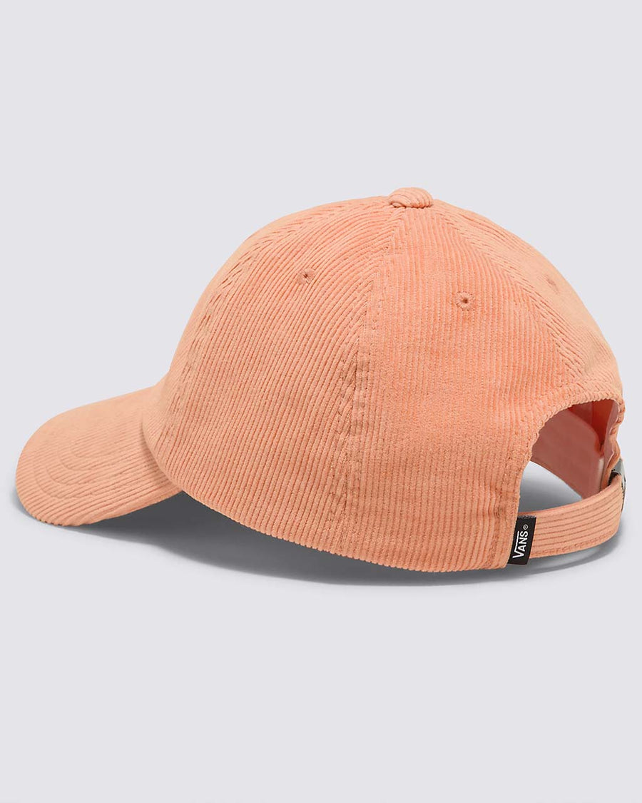 back view of peach ribbed hat with embroidered vans detail