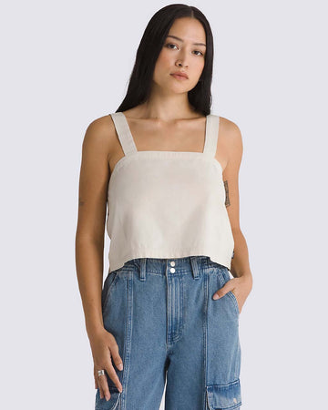 model wearing oatmeal cropped tank with square neckline