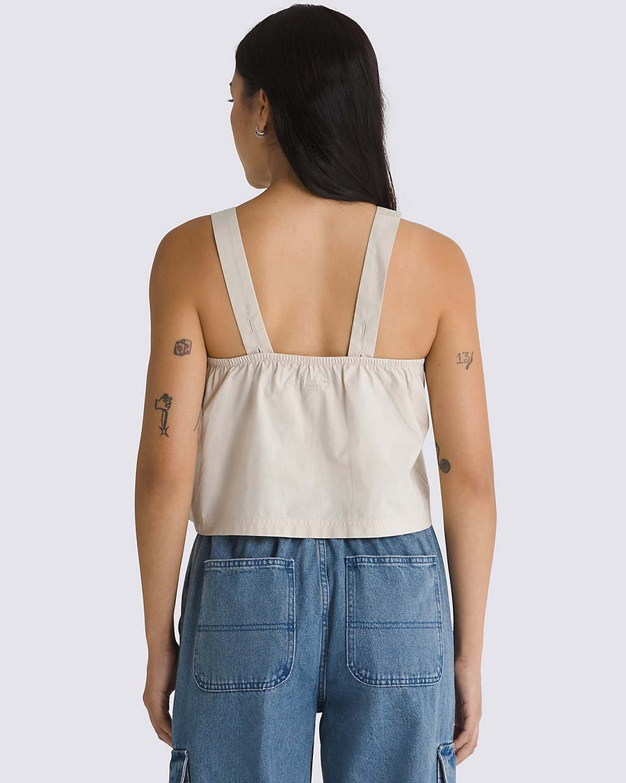 back view of model wearing oatmeal cropped tank with square neckline