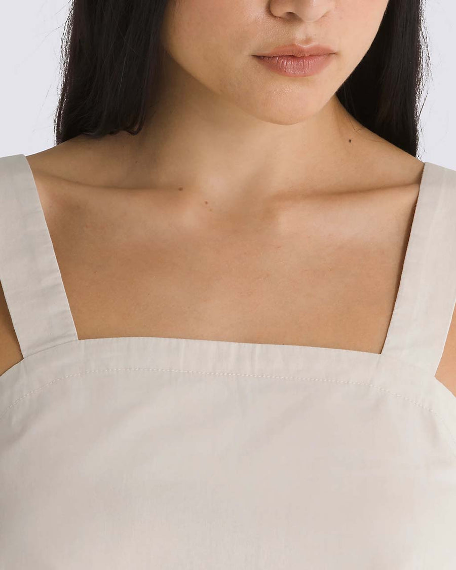 up close of model wearing oatmeal cropped tank with square neckline