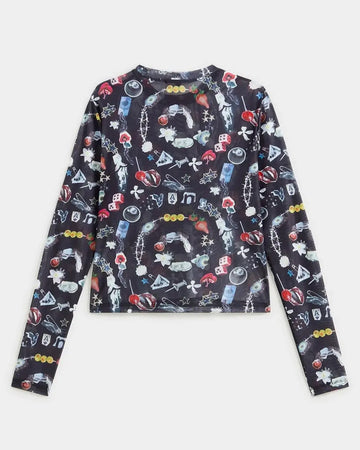 black mesh long sleeve top with colorful icons swirls 