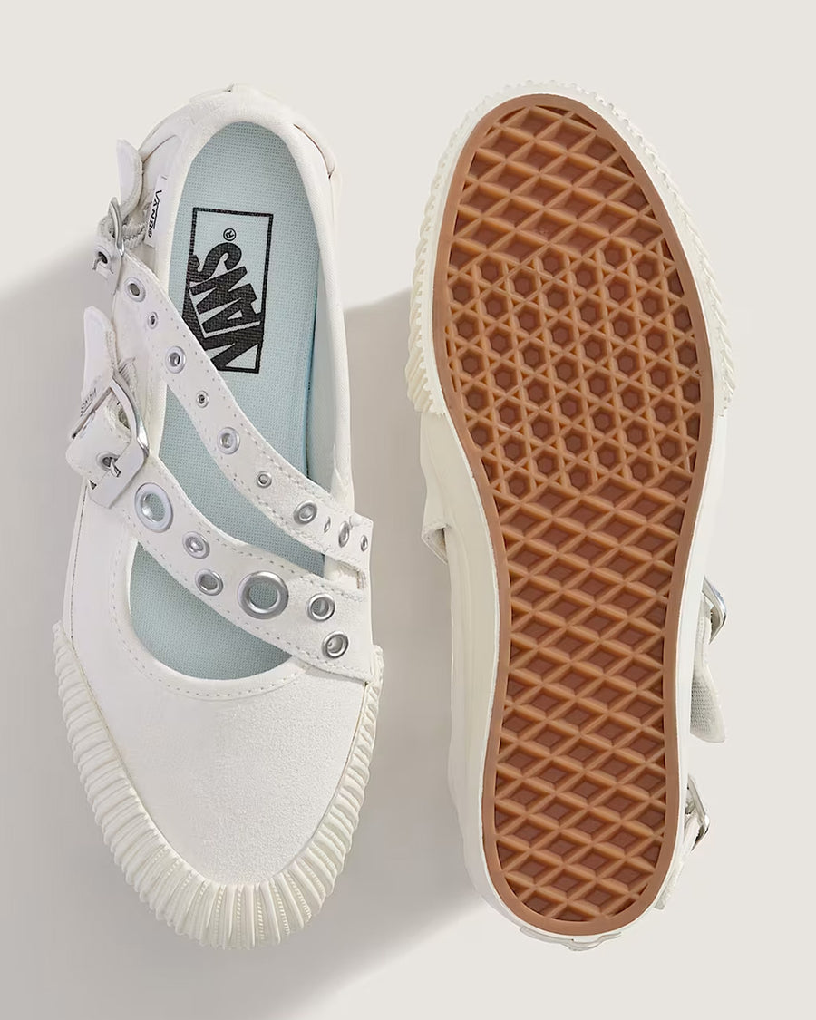 top and bottom view of white mary jane shoes with two buckle straps with grommet details and white sole