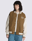 brown retro bomber jacket with floral detail on sleeve and 'off the wall vans 1966 music lovers club' on the chest