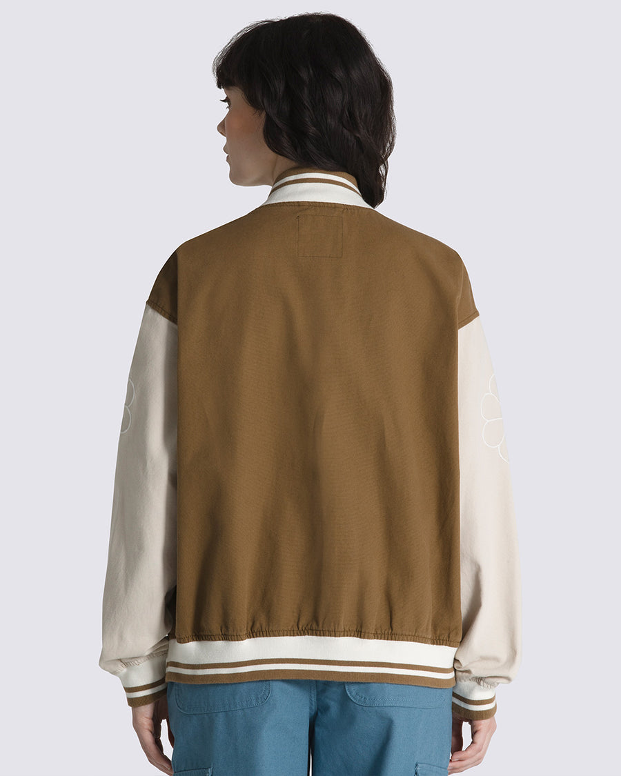 solid brown back on retro bomber jacket with cream sleeves and trim