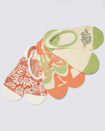 set of three no-show socks: rust floral, green and orange swirl, and green vans logo