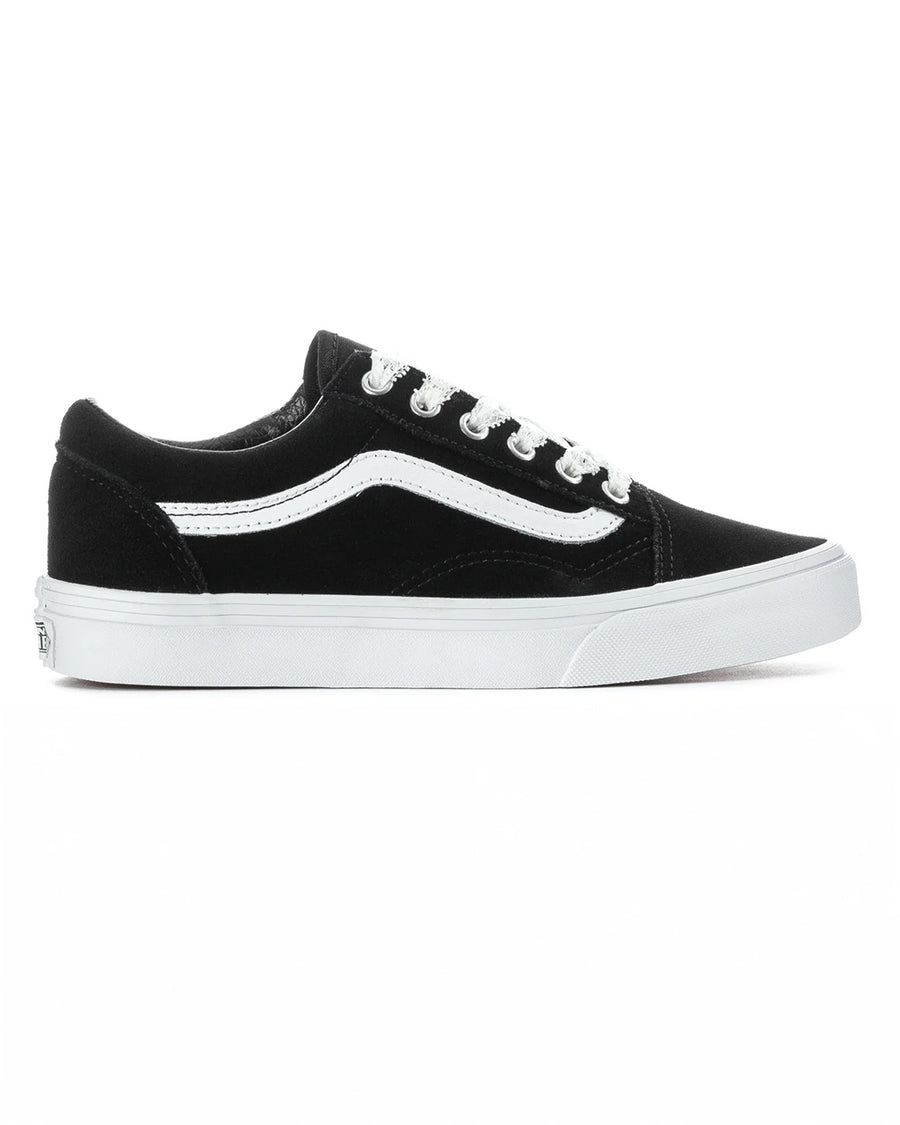 side view of black old skool sneaker with white pop laces