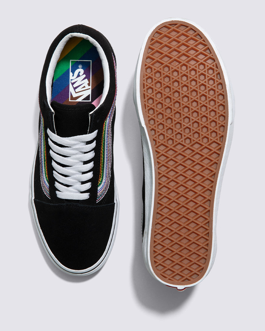 top and bottom view of pair of black old skool shoes with embroidered rainbow stripe