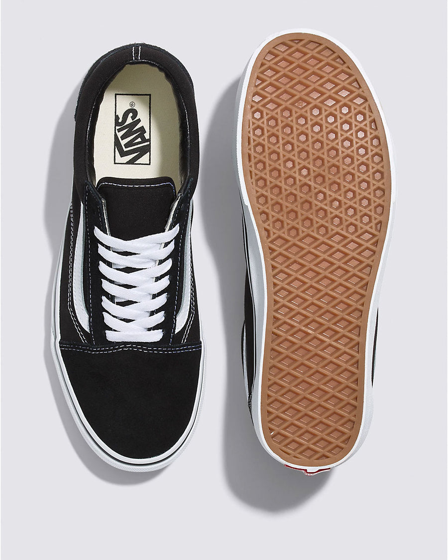 top and bottom view of classic black and white old skool sneakers