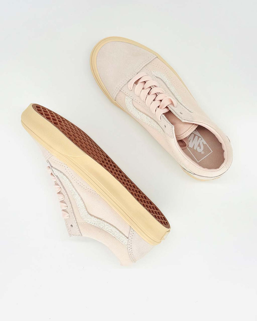 top and bottom view of pink and biscotti old skool sneaker