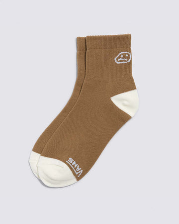 brown crew socks with sad face on cliff and white trim