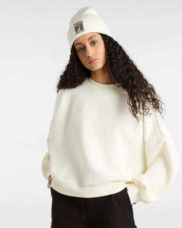 model wearing marshmallow textured crew neck sweatshirt