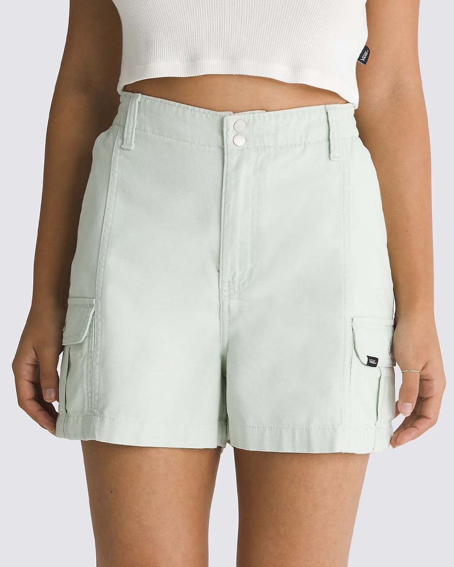 model wearing pale aqua 3.5 in. cargo shorts