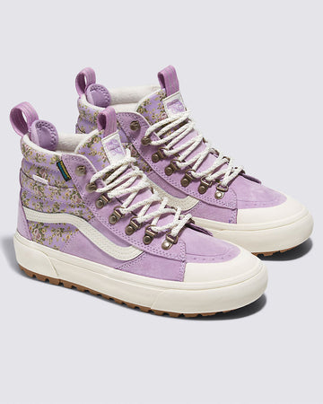 lilac high top sneakers with iconic vans stripe and vintage floral print