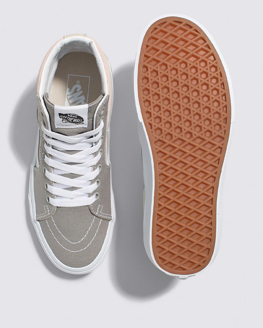 top and bottom view of grey, peach and mint colorblock vans sk8-hi