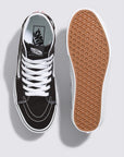 top and bottom view of black and white classic vans sk8-hi tapered shoes