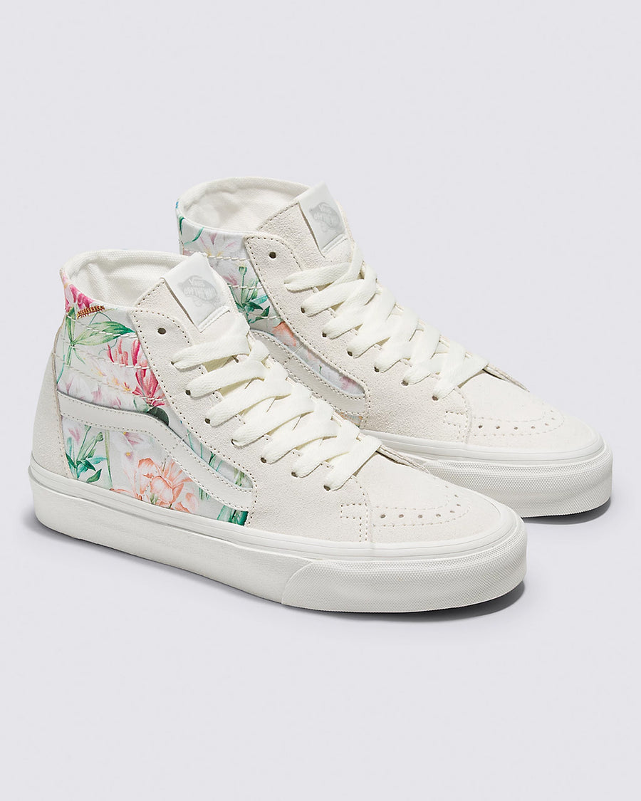white vans sk8-hi tapered shoes with pink floral print