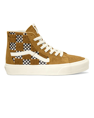 brown vans sk8 hi tapered with and white checkered detail, white vans logo and white laces and soles