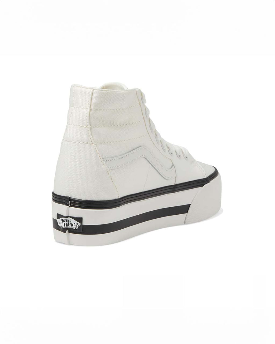 back view of white vans sk8-hi tapered stackform sneaker with black trim