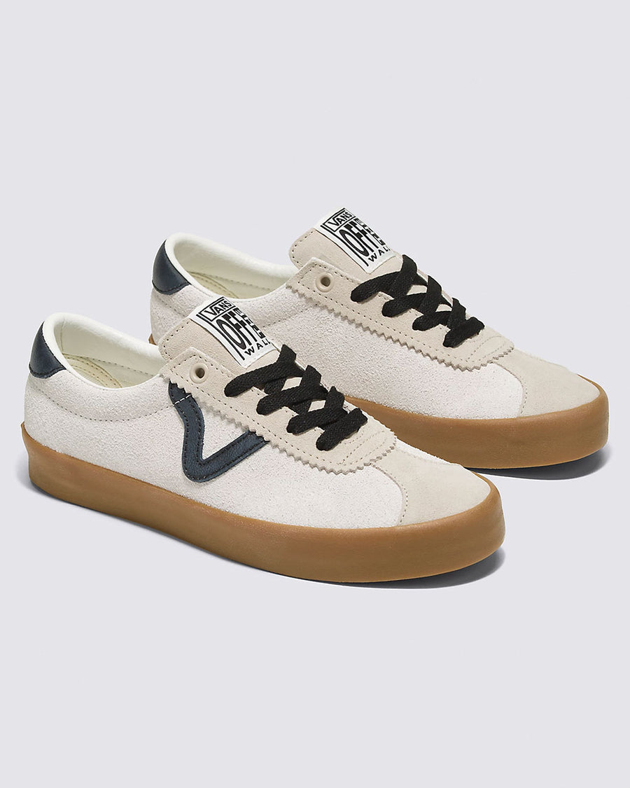 white sports low sneaker with black and cream details