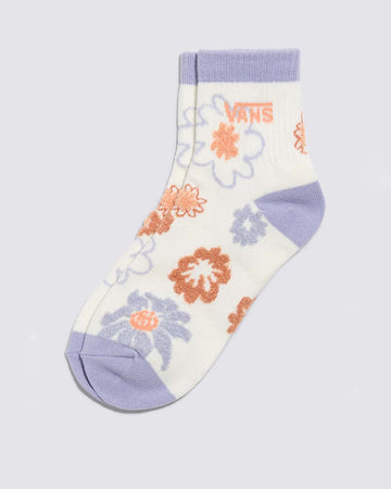 white crew socks with lilac trim and floral print