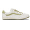 side view of white sneaker with chartreuse stripe and accents