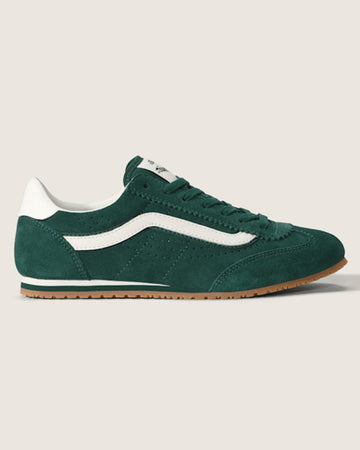 suede emerald green super low pro sneaker with white trim and iconic stripe
