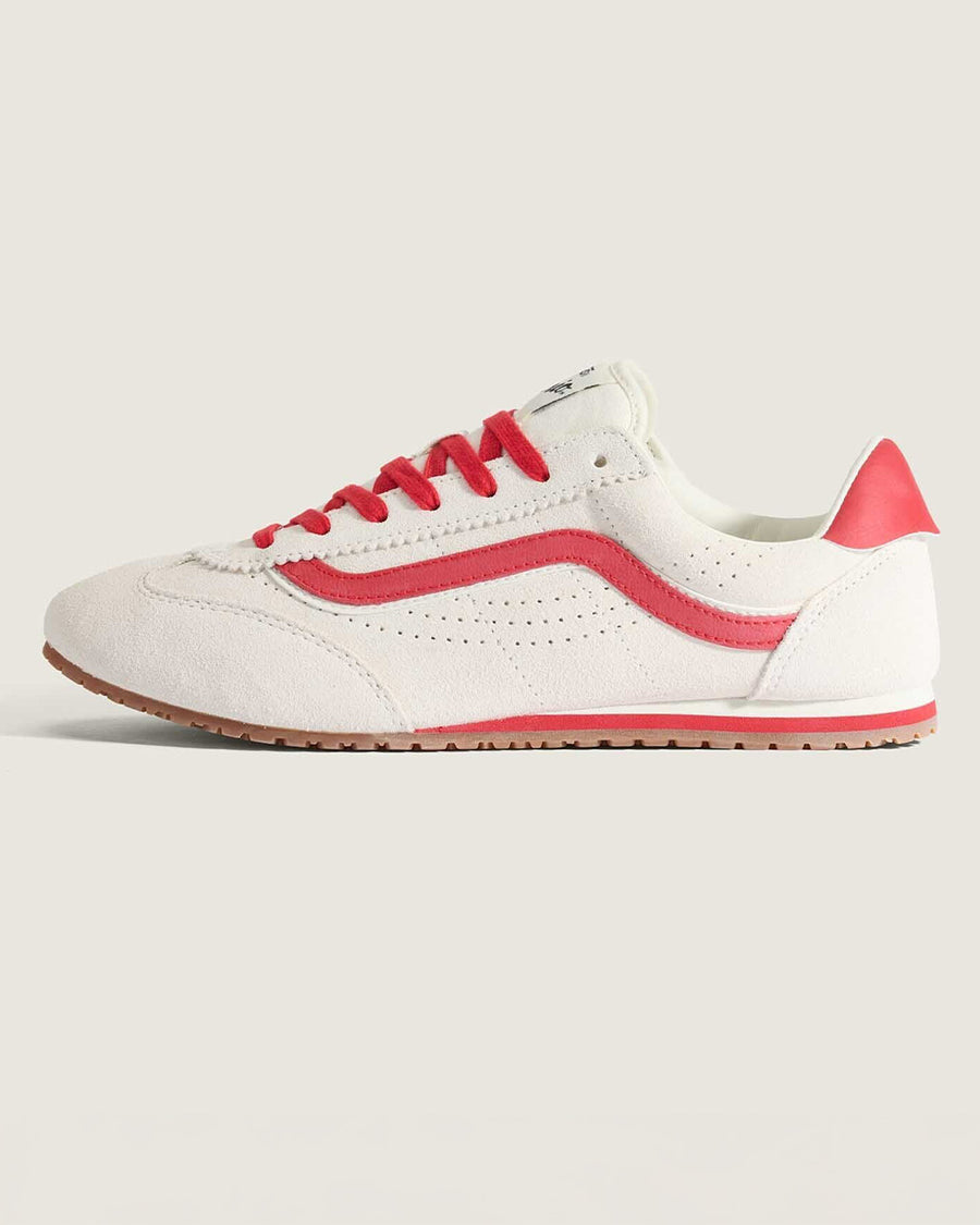 side view of white super low pro with red trim, laces, and iconic stripe