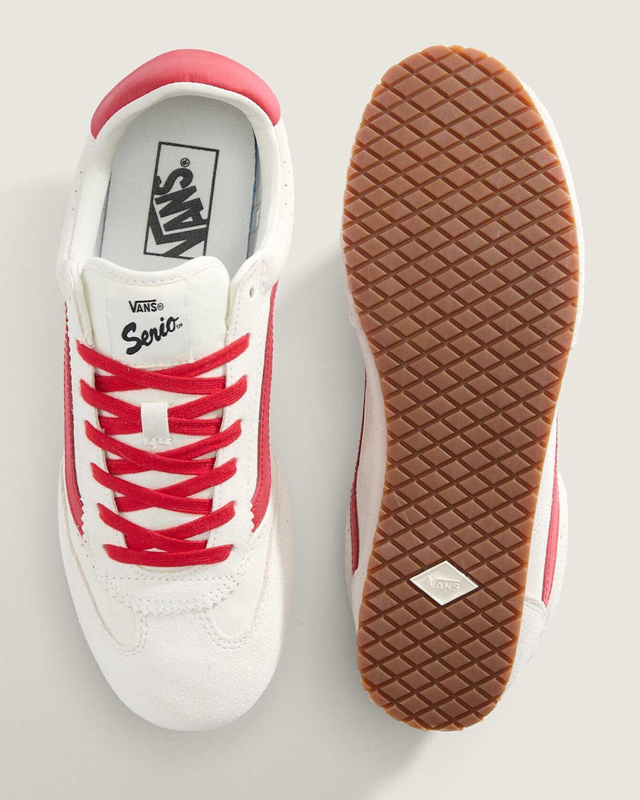 top and bottom view of white super low pro with red trim, laces, and iconic stripe