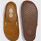 top and bottom view of light brown mules