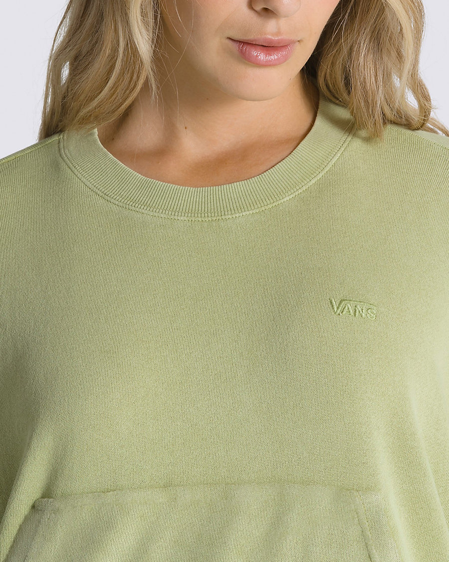 up close of crew neckline and embroidered vans logo