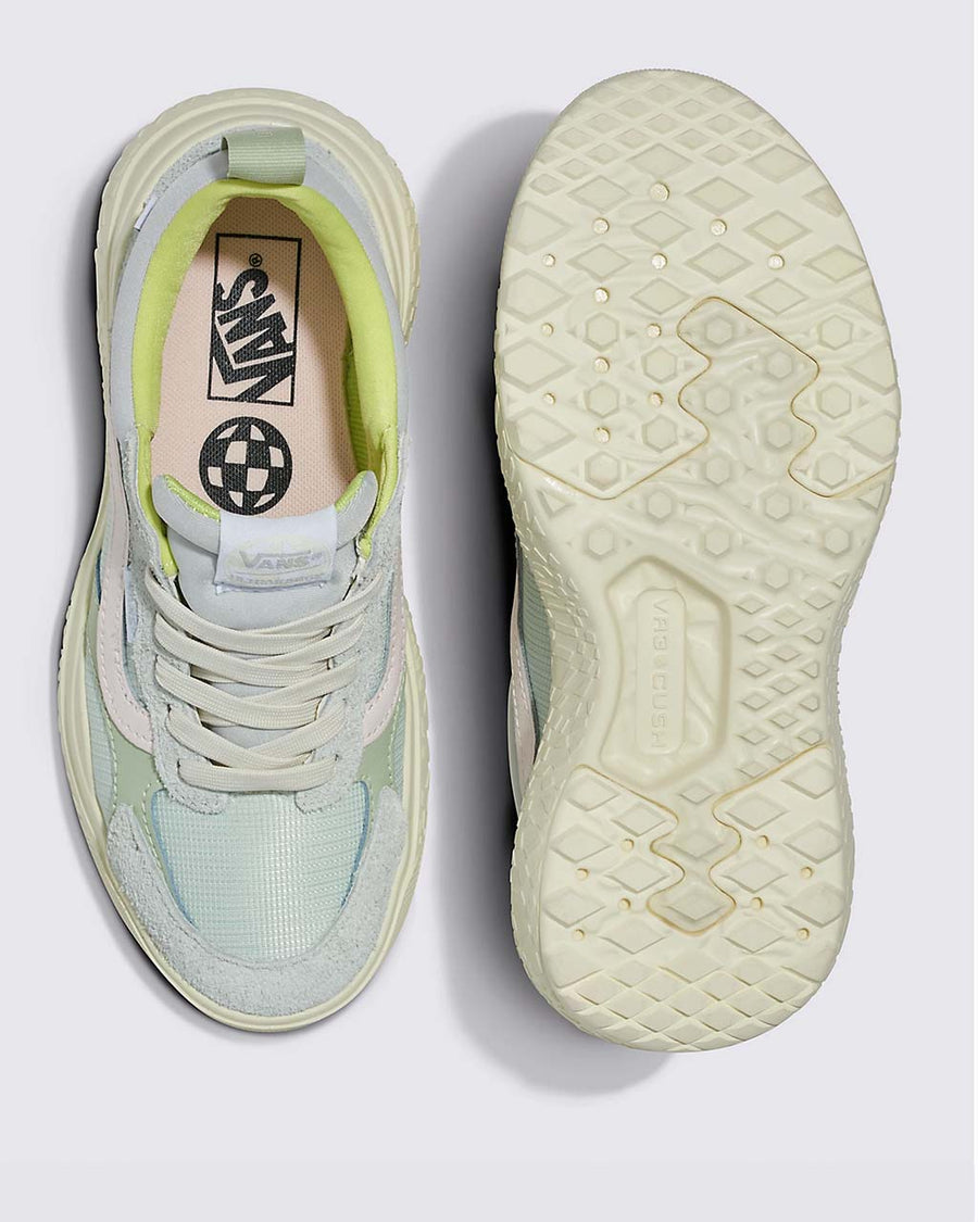 top and bottom view of mint vans ultrarange neo sneakers with pink, green and yellow trim