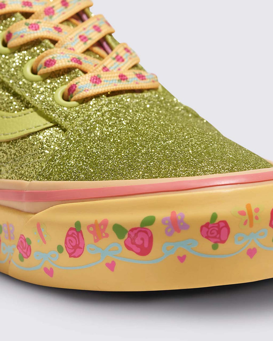 up close of yellow floral sneaker sole