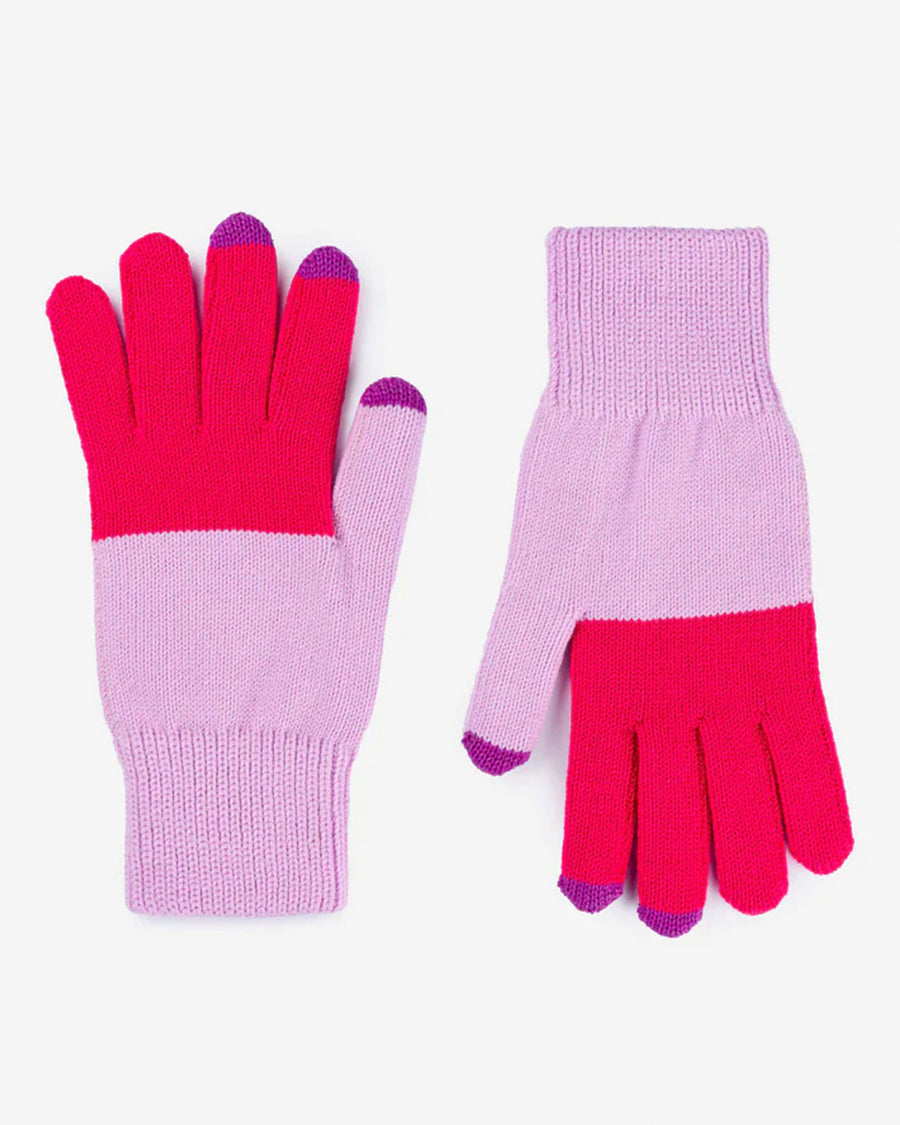 fuschia and lilac color block gloves with tech compatible fingertips