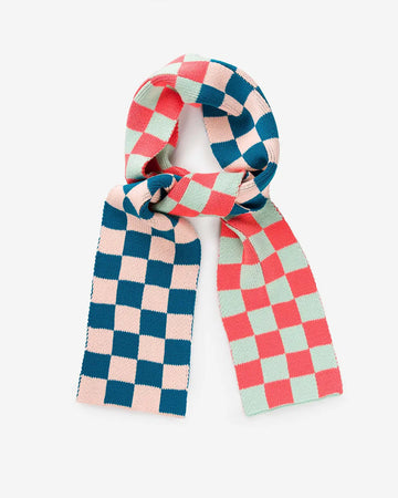 two toned checkered scarf with navy and light pink checkers and coral and mint checkers