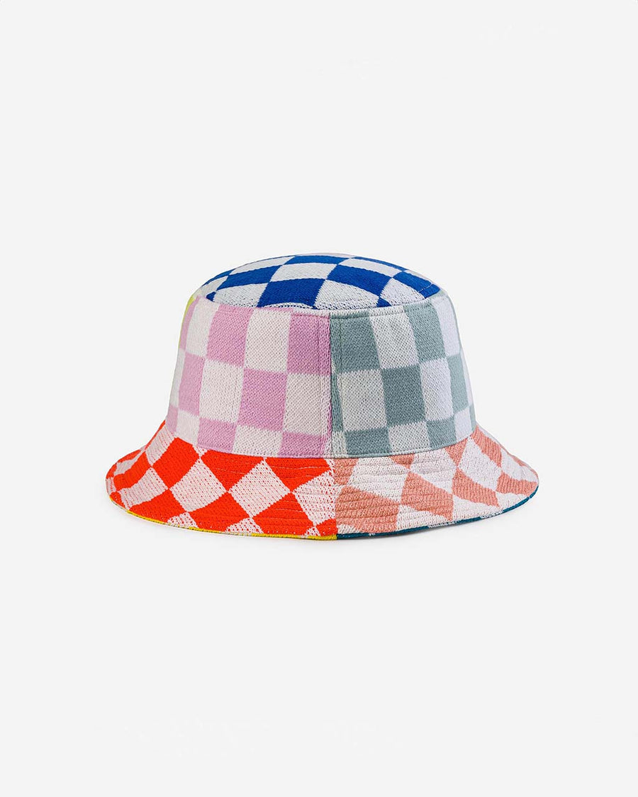 front view of  rainbow checkered patchwork bucket hat