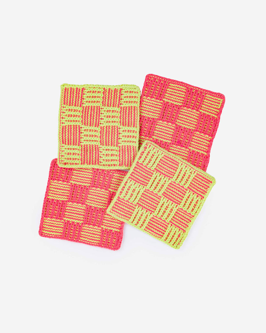 set of four checkered coasters: green and melon tones