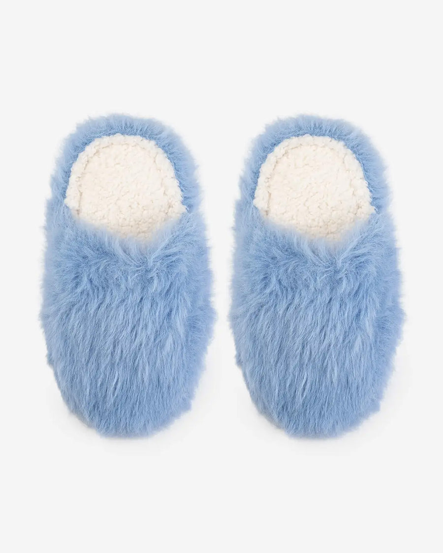 top view of periwinkle fuzzy slide slippers