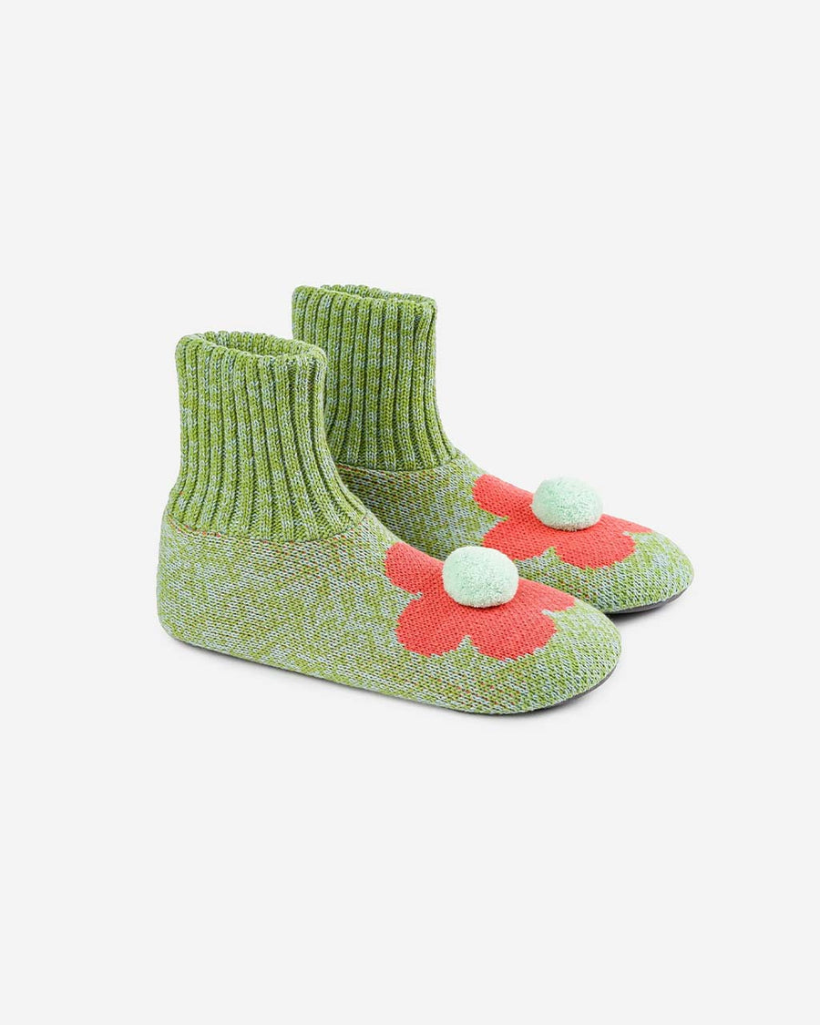 green and stone marled slippers with coral flower and pom