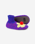 blue and magenta marled slippers with yellow flower and red pom top