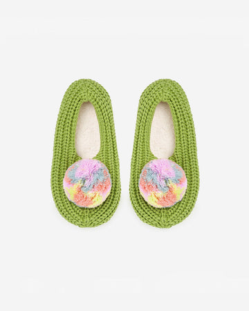 green slippers with multicolor poms on each